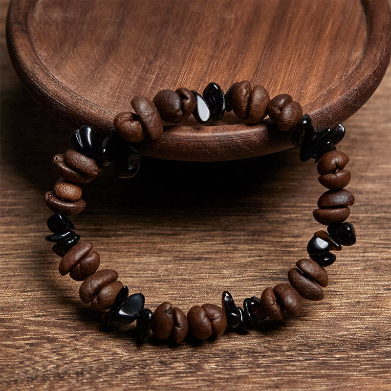 Pulsera de Buddha Stones con granos de café naturales, obsidiana negra y cuarzo rutilado. - image 2