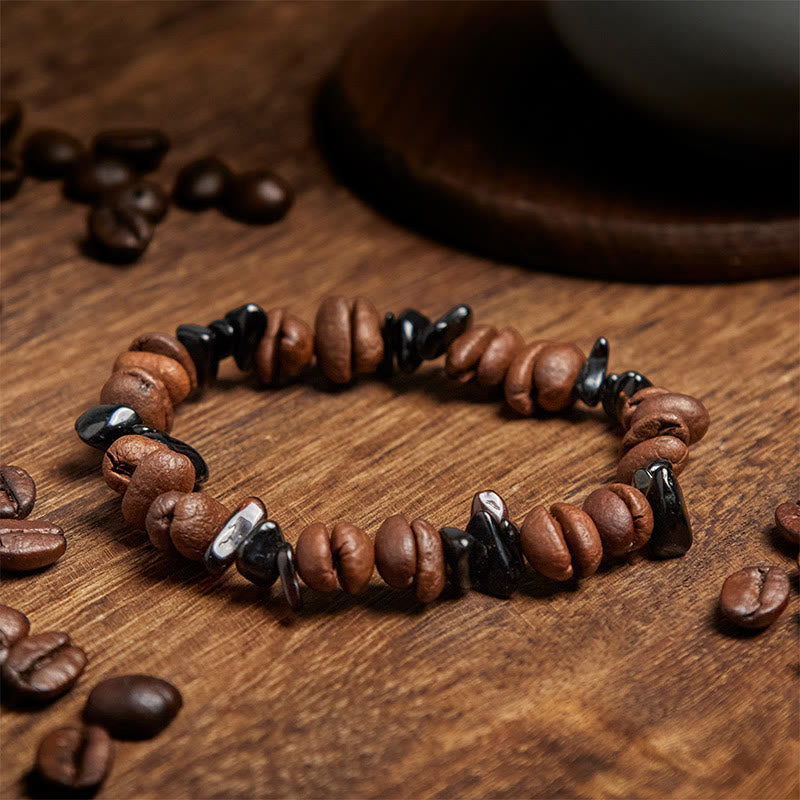 Pulsera de Buddha Stones con granos de café naturales, obsidiana negra y cuarzo rutilado. - image 3