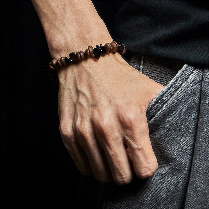 Pulsera de Buddha Stones con granos de café naturales, obsidiana negra y cuarzo rutilado. - image 5