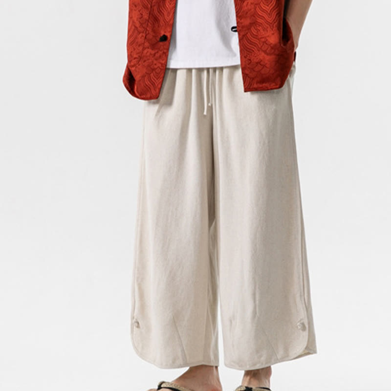 Pantalones casuales sueltos de algodón y lino con botones de rana para hombre, de Buddha Stones, con bolsillos, de longitud 7-8 - Beige - US/UK/AU46, EU56 (5XL) - image 1