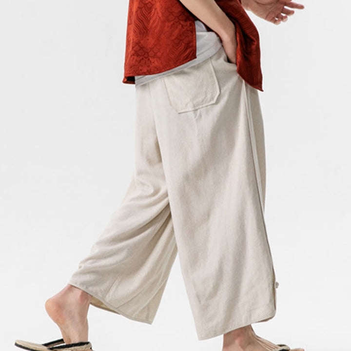 Pantalones casuales sueltos de algodón y lino con botones de rana para hombre, de Buddha Stones, con bolsillos, de longitud 7-8 - image 4