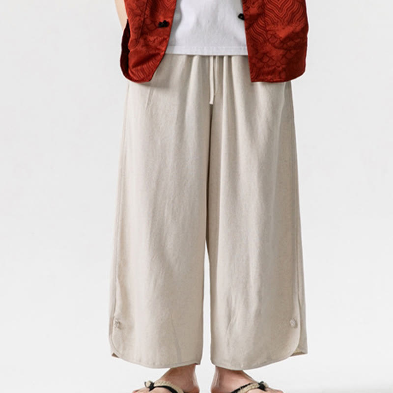 Pantalones casuales sueltos de algodón y lino con botones de rana para hombre, de Buddha Stones, con bolsillos, de longitud 7-8 - image 6