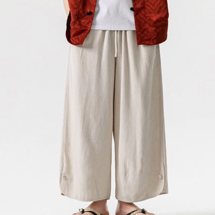 Pantalones casuales sueltos de algodón y lino con botones de rana para hombre, de Buddha Stones, con bolsillos, de longitud 7-8 - image 6