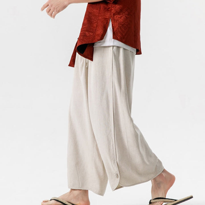 Pantalones casuales sueltos de algodón y lino con botones de rana para hombre, de Buddha Stones, con bolsillos, de longitud 7-8 - image 3