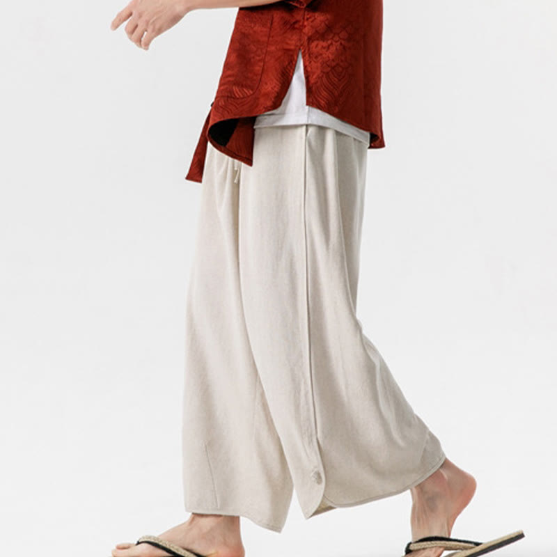 Pantalones casuales sueltos de algodón y lino con botones de rana para hombre, de Buddha Stones, con bolsillos, de longitud 7-8 - image 2