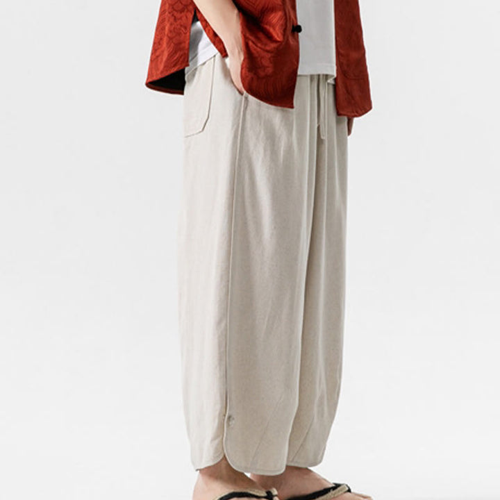 Pantalones casuales sueltos de algodón y lino con botones de rana para hombre, de Buddha Stones, con bolsillos, de longitud 7-8 - image 4