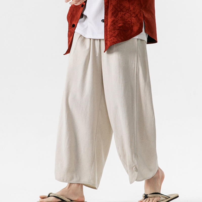 Pantalones casuales sueltos de algodón y lino con botones de rana para hombre, de Buddha Stones, con bolsillos, de longitud 7-8 - image 8