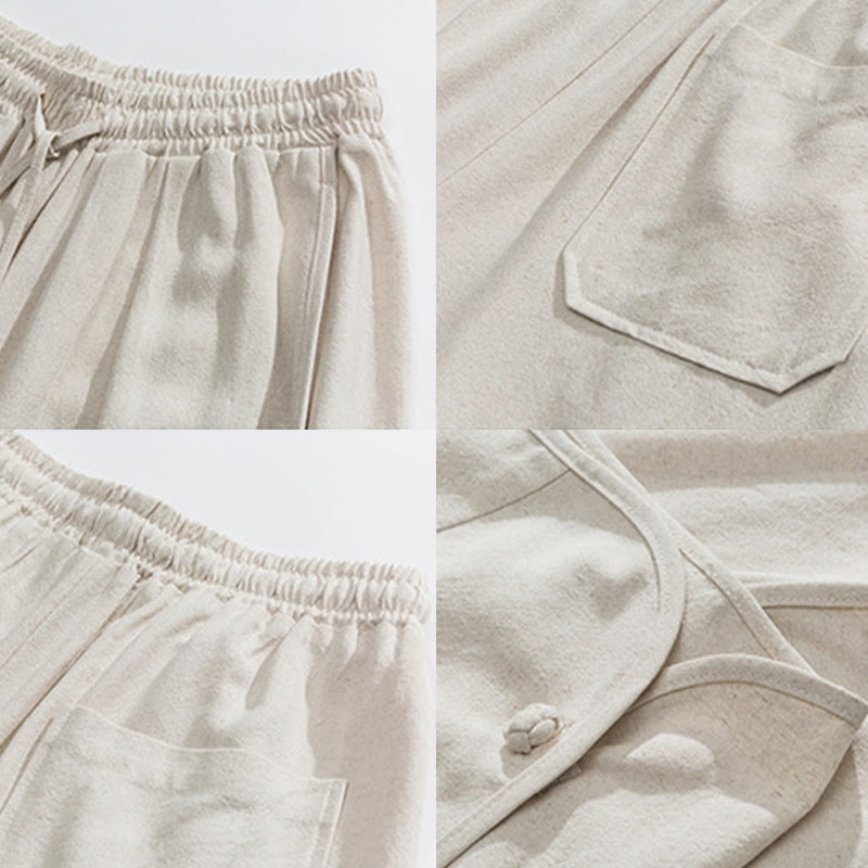 Pantalones casuales sueltos de algodón y lino con botones de rana para hombre, de Buddha Stones, con bolsillos, de longitud 7-8 - image 9