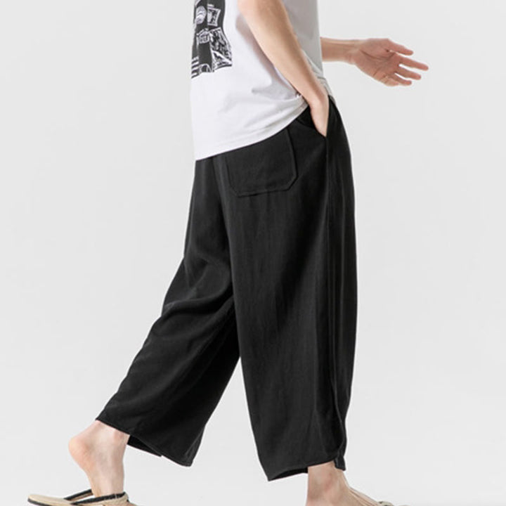 Pantalones casuales sueltos de algodón y lino con botones de rana para hombre, de Buddha Stones, con bolsillos, de longitud 7-8 - image 23