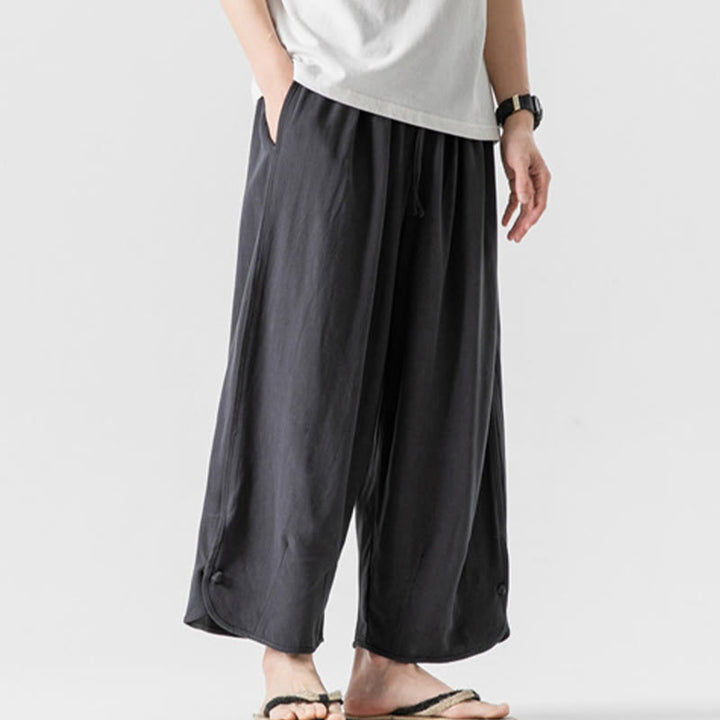 Pantalones casuales sueltos de algodón y lino con botones de rana para hombre, de Buddha Stones, con bolsillos, de longitud 7-8 - image 34
