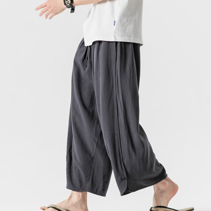Pantalones casuales sueltos de algodón y lino con botones de rana para hombre, de Buddha Stones, con bolsillos, de longitud 7-8 - image 36