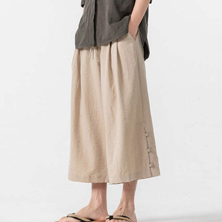 Pantalones casuales holgados de algodón Buddha Stones con botones de rana para hombre, de pierna ancha y bolsillos, de largo 7-8 - image 4