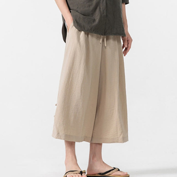 Pantalones casuales holgados de algodón Buddha Stones con botones de rana para hombre, de pierna ancha y bolsillos, de largo 7-8 - image 2