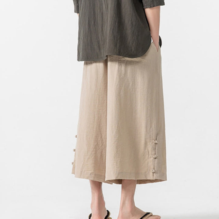 Pantalones casuales holgados de algodón Buddha Stones con botones de rana para hombre, de pierna ancha y bolsillos, de largo 7-8 - image 5