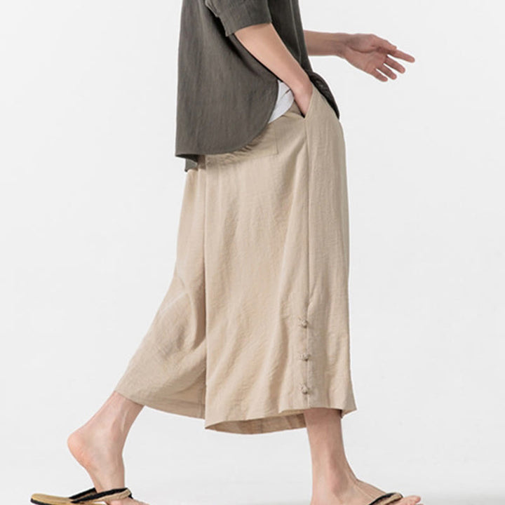 Pantalones casuales holgados de algodón Buddha Stones con botones de rana para hombre, de pierna ancha y bolsillos, de largo 7-8 - image 6