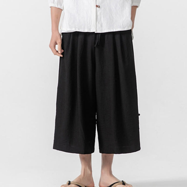 Pantalones casuales holgados de algodón Buddha Stones con botones de rana para hombre, de pierna ancha y bolsillos, de largo 7-8 - Negro - US/UK/AU46, EU56 (5XL) - image 15