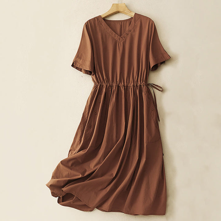 Vestido midi de lino y algodón con cuello en V y media manga, diseño de Buddha Stones Spring, con bolsillos - Chocolate - US8-10，UK/AU12-14，EU40-42 (2XL) - image 1