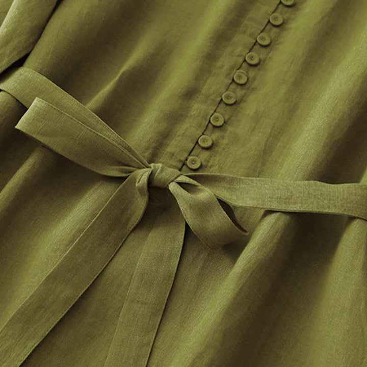 Vestido midi de lino y algodón con cuello redondo, mangas cortas y cordones, de Buddha Stones Spring - image 5