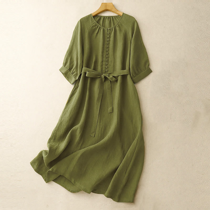 Vestido midi de lino y algodón con cuello redondo, mangas cortas y cordones, de Buddha Stones Spring - Verde oliva - US14，UK/AU18，EU46 (2XL) - image 0