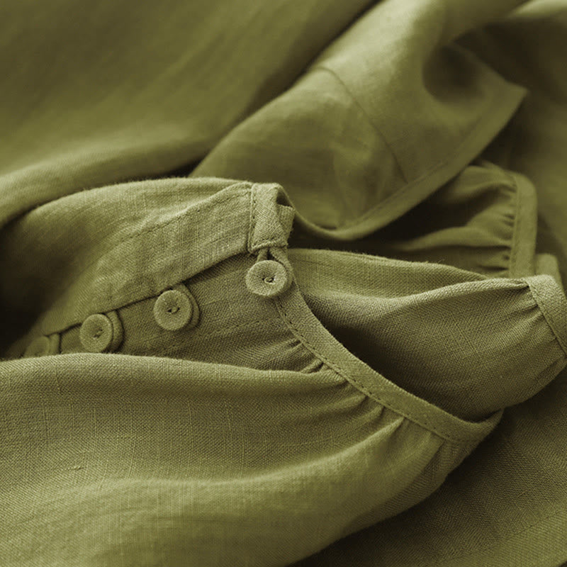 Vestido midi de lino y algodón con cuello redondo, mangas cortas y cordones, de Buddha Stones Spring - image 7