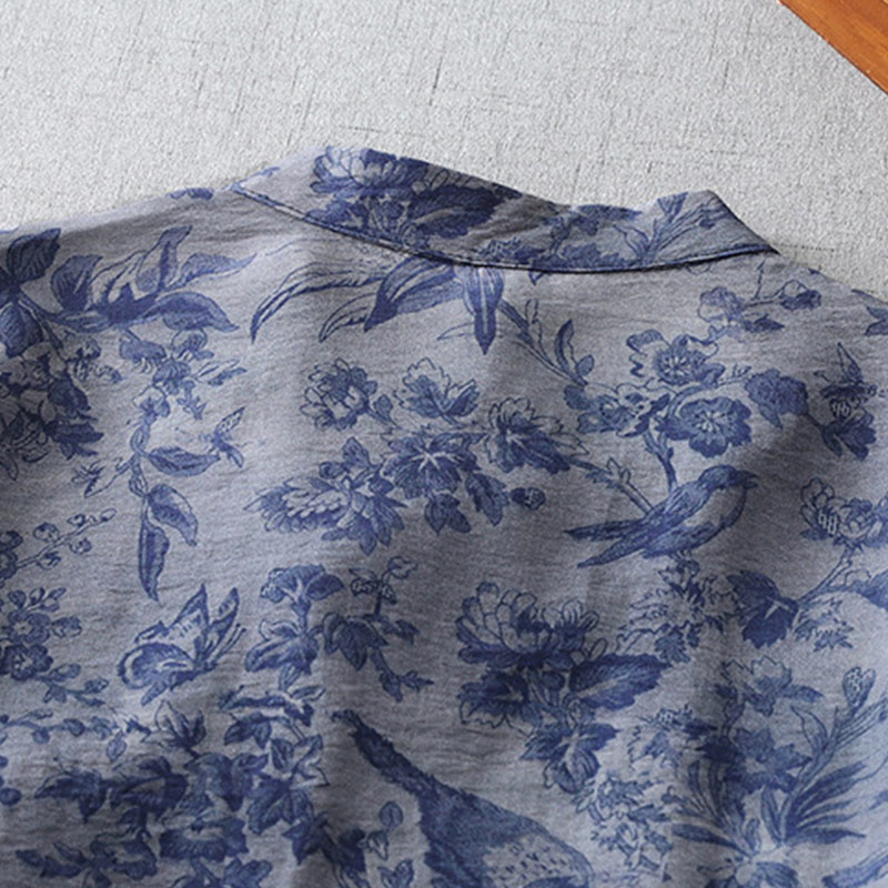 Vestido midi de algodón con cuello mandarín, media manga y botones de rana con estampado de hojas y flores de Buddha Stones - image 6