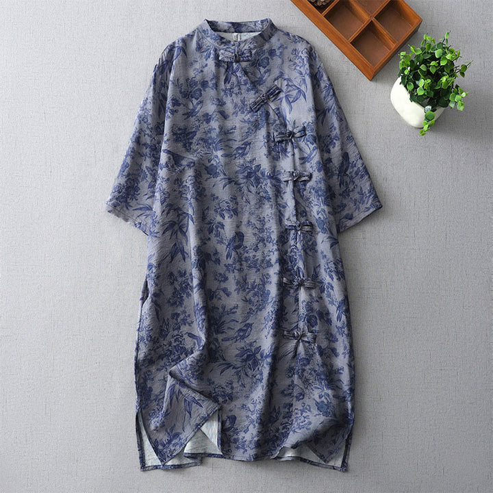 Vestido midi de algodón con cuello mandarín, media manga y botones de rana con estampado de hojas y flores de Buddha Stones - Azul real - US8-10，UK/AU12-14，EU40-42 (2XL) - image 1
