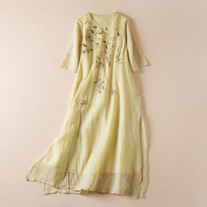 Vestido midi de fibra con cuello redondo, media manga y hojas bordadas con Buddha Stones - Caqui - US8-10，UK/AU12-14，EU40-42 (2XL) - image 0