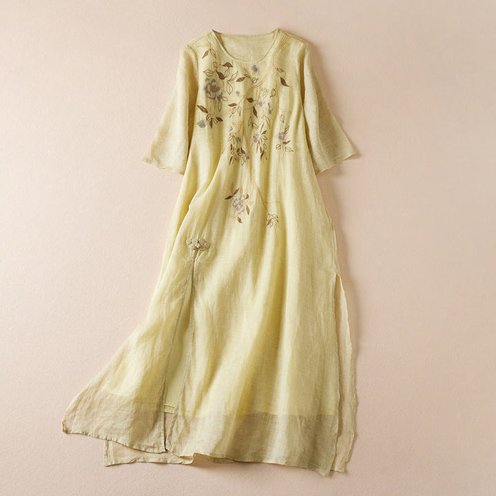 Vestido midi de fibra con cuello redondo, media manga y hojas bordadas con Buddha Stones - Caqui - US8-10，UK/AU12-14，EU40-42 (2XL) - image 0