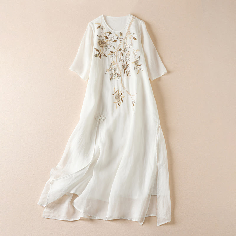 Vestido midi de algodón con cuello redondo, media manga y hojas bordadas con Buddha Stones - Nieve - US8-10，UK/AU12-14，EU40-42 (2XL) - image 7