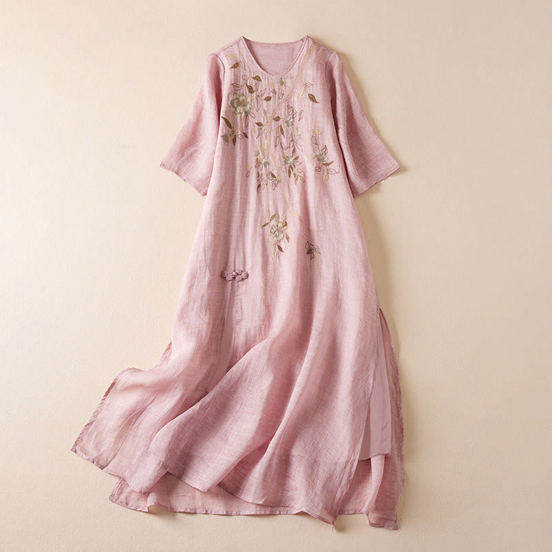 Vestido midi de algodón con cuello redondo, media manga y hojas bordadas con Buddha Stones - Rosa - US8-10，UK/AU12-14，EU40-42 (2XL) - image 14