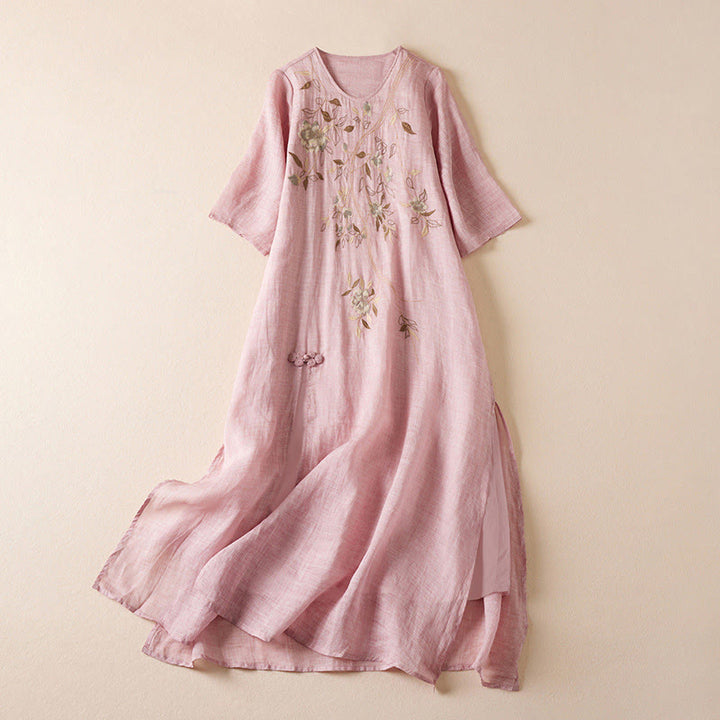 Vestido midi de algodón con cuello redondo, media manga y hojas bordadas con Buddha Stones - Rosa - US8-10，UK/AU12-14，EU40-42 (2XL) - image 14