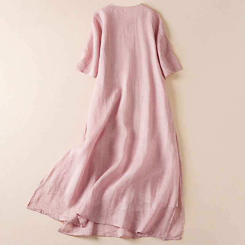 Vestido midi de fibra con cuello redondo, media manga y hojas bordadas con Buddha Stones - image 15
