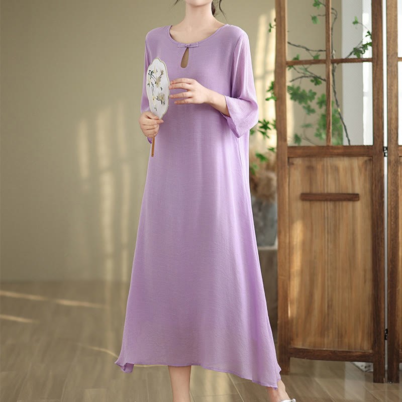 Vestido midi informal de algodón con cuello redondo, manga tres cuartos y botones de rana de Buddha Stones - Ciruela - US8-10，UK/AU12-14，EU40-42 (2XL) - image 1