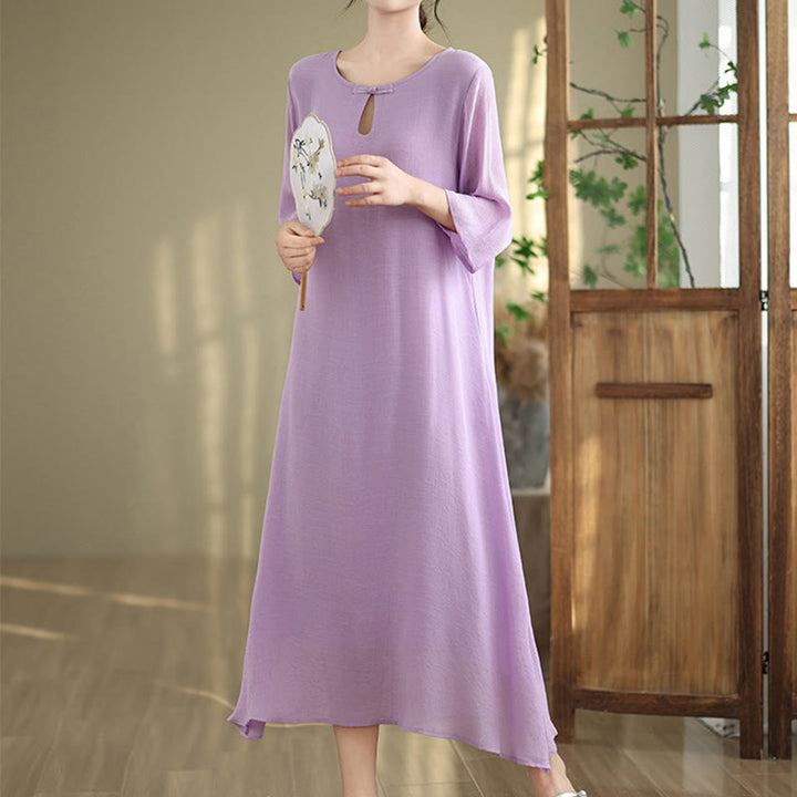 Vestido midi informal de algodón con cuello redondo, manga tres cuartos y botones de rana de Buddha Stones - Ciruela - US8-10，UK/AU12-14，EU40-42 (2XL) - image 1