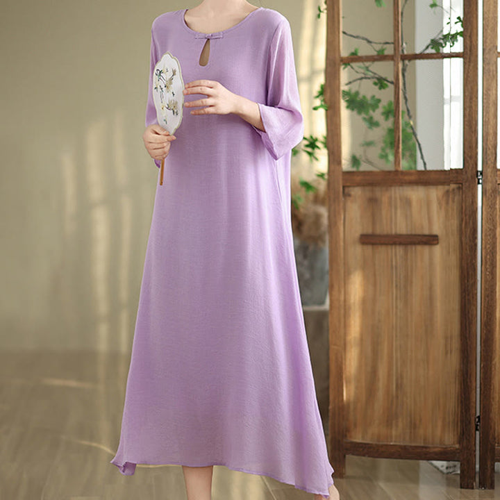 Vestido midi informal de algodón con cuello redondo, manga tres cuartos y botones de rana de Buddha Stones - image 5