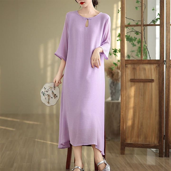 Vestido midi informal de algodón con cuello redondo, manga tres cuartos y botones de rana de Buddha Stones - image 2