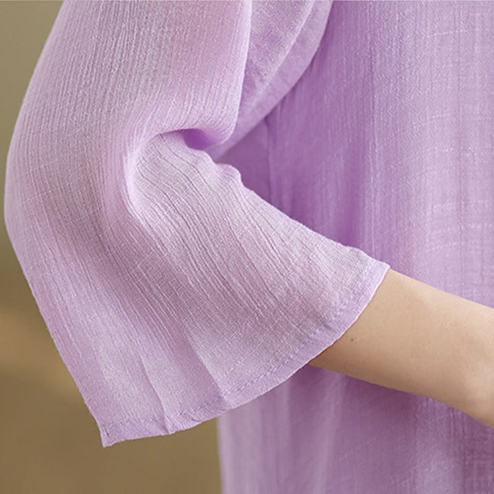 Vestido midi informal de algodón con cuello redondo, manga tres cuartos y botones de rana de Buddha Stones - image 9