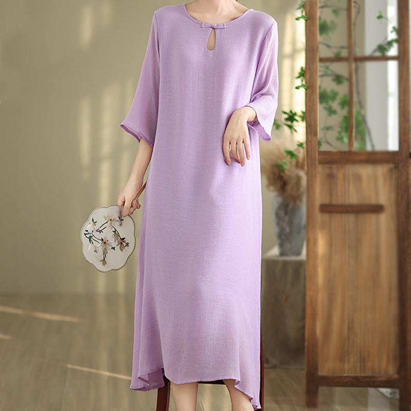 Vestido midi informal de algodón con cuello redondo, manga tres cuartos y botones de rana de Buddha Stones - image 4