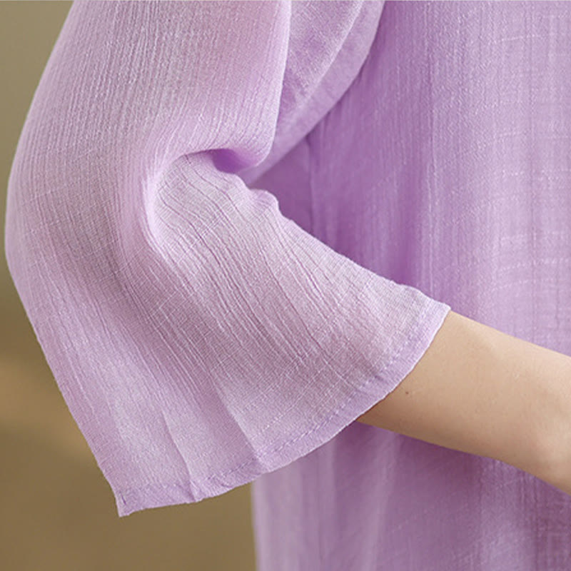 Vestido midi informal de algodón con cuello redondo, manga tres cuartos y botones de rana de Buddha Stones - image 10