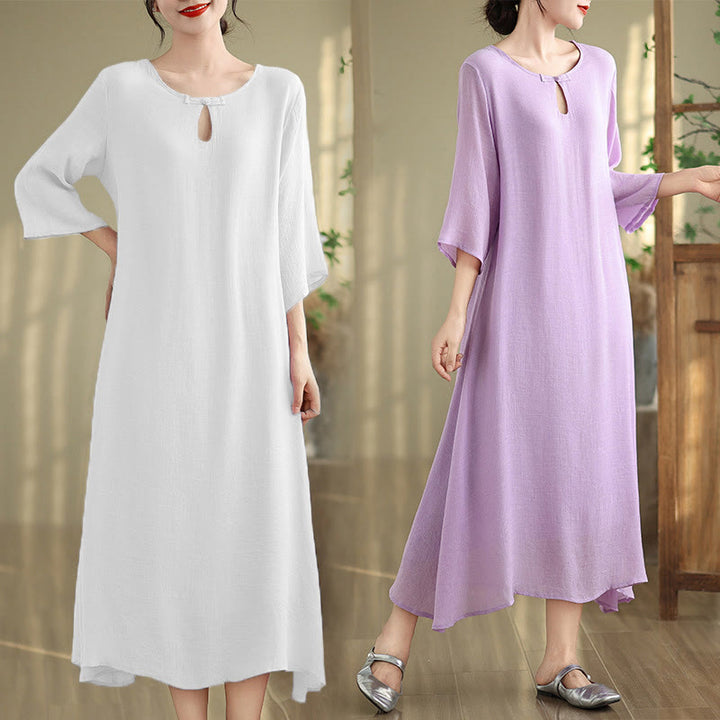 Vestido midi informal de algodón con cuello redondo, manga tres cuartos y botones de rana de Buddha Stones - image 18