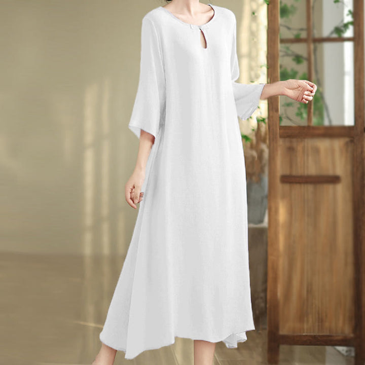 Vestido midi informal de algodón con cuello redondo, manga tres cuartos y botones de rana de Buddha Stones - Blanco - US8-10，UK/AU12-14，EU40-42 (2XL) - image 15