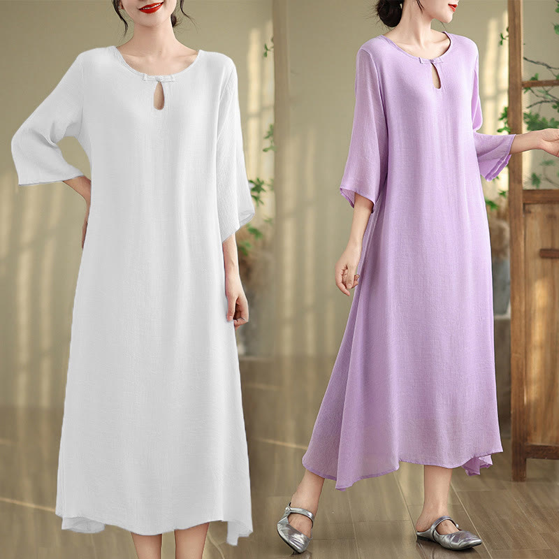 Vestido midi informal de algodón con cuello redondo, manga tres cuartos y botones de rana de Buddha Stones - image 17