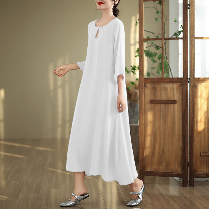 Vestido midi informal de algodón con cuello redondo, manga tres cuartos y botones de rana de Buddha Stones - image 16