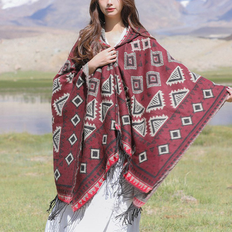 Buddha Stones Chal Tibetano Patrón Triángulo Capa Con Capucha Invierno Acogedor Bufanda De Viaje Envoltura