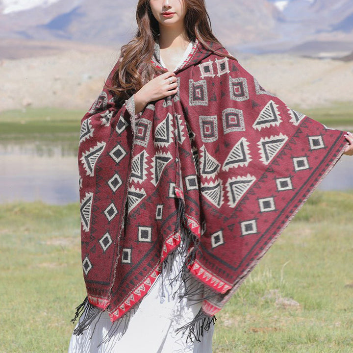 Buddha Stones Chal Tibetano Patrón Triángulo Capa Con Capucha Invierno Acogedor Bufanda De Viaje Envoltura