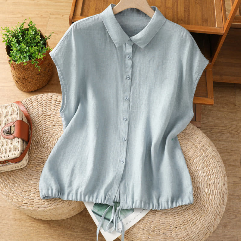 Camisa de algodón de manga corta con botones de color liso de verano para mujer con Buddha Stones - Azul claro - US14，UK/AU18，EU46 (2XL) - image 0