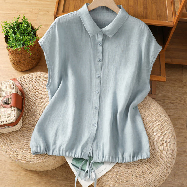 Camisa de algodón de manga corta con botones de color liso de verano para mujer con Buddha Stones - Azul claro - US14，UK/AU18，EU46 (2XL) - image 0