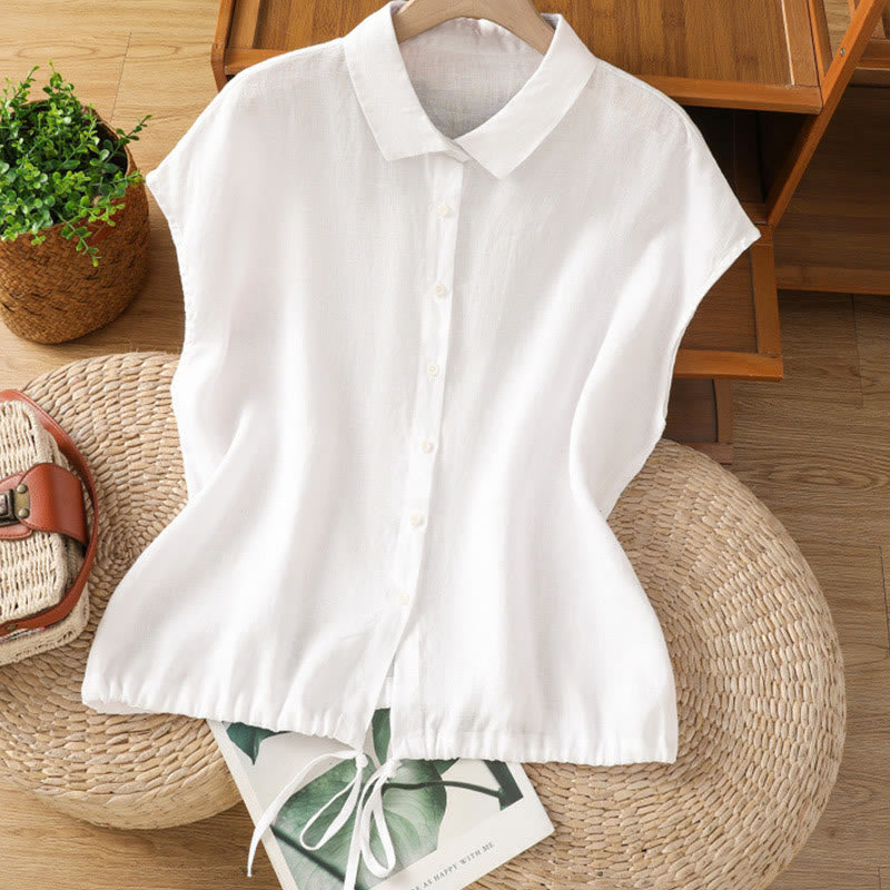 Camisa de algodón de manga corta con botones de color liso de verano para mujer con Buddha Stones - Blanco - US14，UK/AU18，EU46 (2XL) - image 8