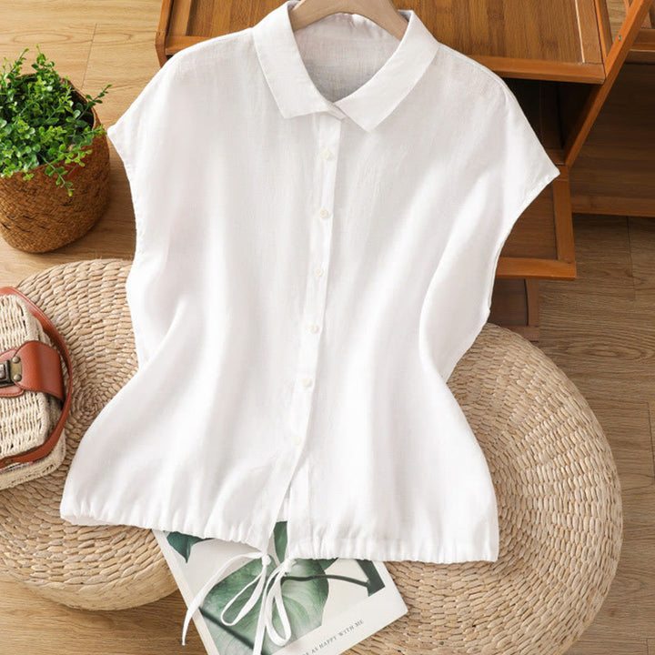 Camisa de algodón de manga corta con botones de color liso de verano para mujer con Buddha Stones - Blanco - US14，UK/AU18，EU46 (2XL) - image 8