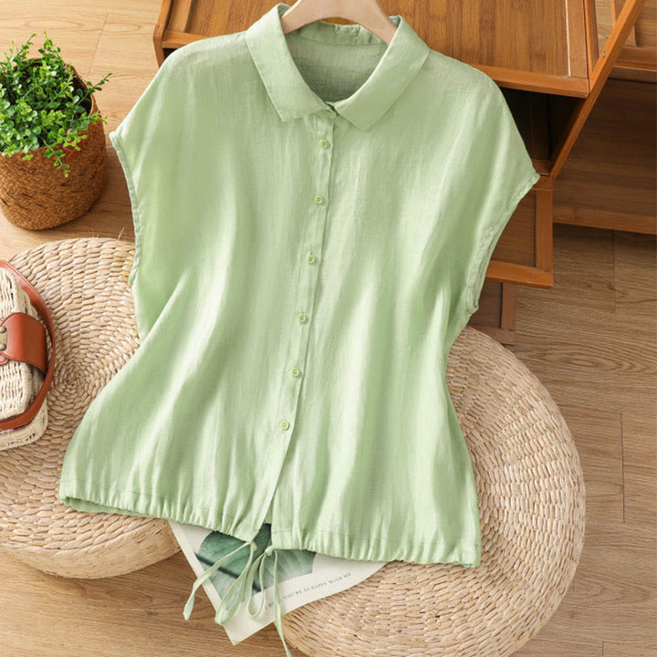 Camisa de algodón de manga corta con botones de color liso de verano para mujer con Buddha Stones - Verde claro - US14，UK/AU18，EU46 (2XL) - image 16
